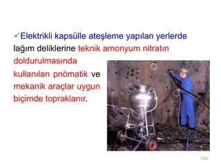 Elektrikli kapsülle ateşleme yapılan yerlerde
lağım deliklerine teknik amonyum nitratın
doldurulmasında
kullanılan pnömatik ve
mekanik araçlar uygun
biçimde topraklanır.
102
 