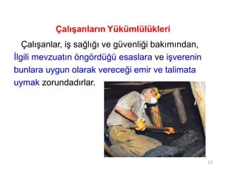 Çalışanların Yükümlülükleri
Çalışanlar, iş sağlığı ve güvenliği bakımından,
İlgili mevzuatın öngördüğü esaslara ve işverenin
bunlara uygun olarak vereceği emir ve talimata
uymak zorundadırlar.
15
 