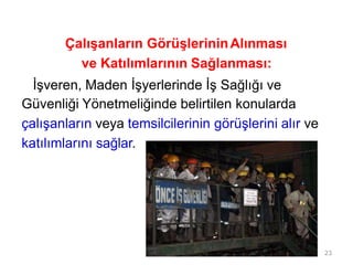 Çalışanların GörüşlerininAlınması
ve Katılımlarının Sağlanması:
İşveren, Maden İşyerlerinde İş Sağlığı ve
Güvenliği Yönetmeliğinde belirtilen konularda
çalışanların veya temsilcilerinin görüşlerini alır ve
katılımlarını sağlar.
23
 