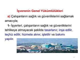 İşverenin Genel Yükümlülükleri
a) Çalışanların sağlık ve güvenliklerini sağlamak
amacıyla;
1- İşyerleri, çalışanların sağlık ve güvenliklerini
tehlikeye atmayacak şekilde tasarlanır, inşa edilir,
teçhiz edilir, hizmete alınır, işletilir ve bakımı
yapılır.
4
 