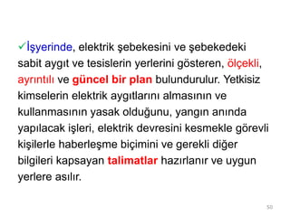 50
İşyerinde, elektrik şebekesini ve şebekedeki
sabit aygıt ve tesislerin yerlerini gösteren, ölçekli,
ayrıntılı ve güncel bir plan bulundurulur. Yetkisiz
kimselerin elektrik aygıtlarını almasının ve
kullanmasının yasak olduğunu, yangın anında
yapılacak işleri, elektrik devresini kesmekle görevli
kişilerle haberleşme biçimini ve gerekli diğer
bilgileri kapsayan talimatlar hazırlanır ve uygun
yerlere asılır.
 