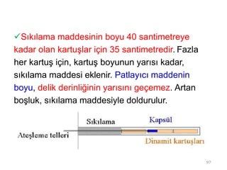 Sıkılama maddesinin boyu 40 santimetreye
kadar olan kartuşlar için 35 santimetredir. Fazla
her kartuş için, kartuş boyunun yarısı kadar,
sıkılama maddesi eklenir. Patlayıcı maddenin
boyu, delik derinliğinin yarısını geçemez. Artan
boşluk, sıkılama maddesiyle doldurulur.
97
 