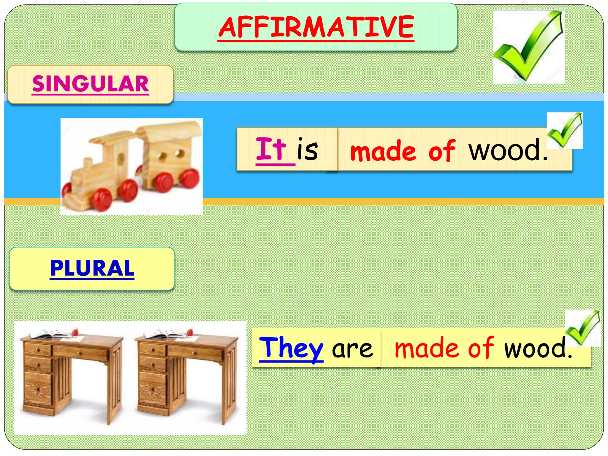 made of wood.
made of wood.
AFFIRMATIVE
SINGULAR
PLURAL
It is
They are