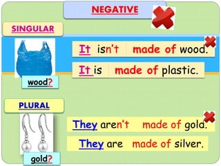 made of wood.
made of gold.
NEGATIVE
SINGULAR
PLURAL
It isn’t
It is made of plastic.
They aren’t
They are made of silver.
wood?
gold?