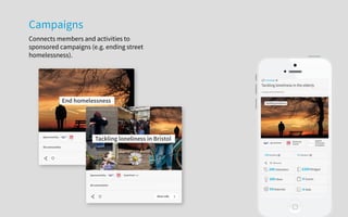 Campaigns
Connects members and activities to
sponsored campaigns (e.g. ending street
homelessness).
 