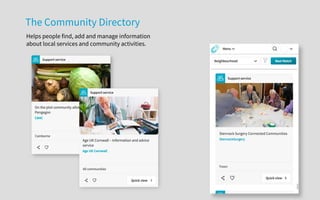Helps people find, add and manage information
about local services and community activities.
The Community Directory
 