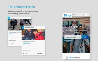 The Volunteer Bank
Helps members find, add and manage
volunteering opportunities.
 