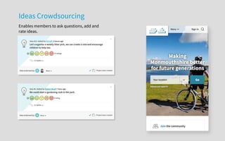 Ideas Crowdsourcing
Enables members to ask questions, add and
rate ideas.
 