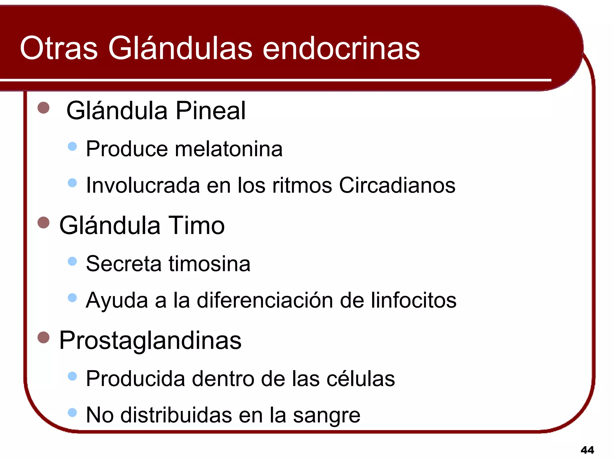 Otras Glándulas endocrinas
    Glándula Pineal
      Produce   melatonina
      Involucrada   en los ritmos Circadianos
  Glándula      Timo
      Secreta   timosina
      Ayuda   a la diferenciación de linfocitos
  Prostaglandinas
      Producida   dentro de las células
      No   distribuidas en la sangre
                                                   44
 
