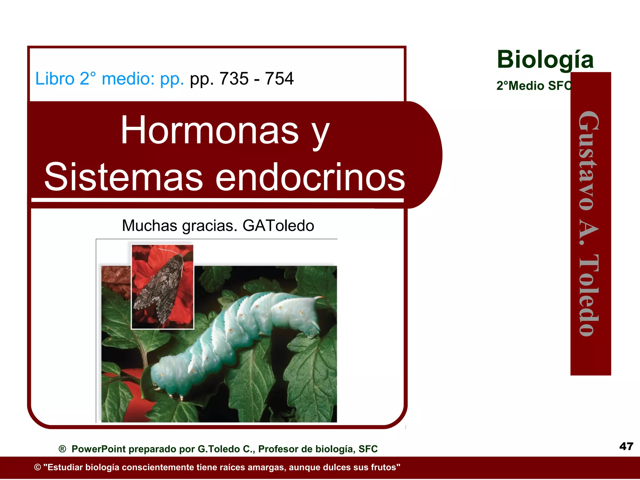 Biología
Libro 2° medio: pp. pp. 735 - 754                                                      2°Medio SFC



       Hormonas y




                                                                                                     Gustavo A. Toledo
  Sistemas endocrinos
                    Muchas gracias. GAToledo




     ® PowerPoint preparado por G.Toledo C., Profesor de biología, SFC                                                   47
© "Estudiar biología conscientemente tiene raíces amargas, aunque dulces sus frutos"
 