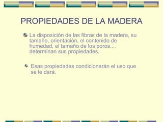 PROPIEDADES DE LA MADERA La disposición de las fibras de la madera, su tamaño, orientación, el contenido de humedad, el tamaño de los poros.... determinan sus propiedades.  Esas propiedades condicionarán el uso que se le dará.  