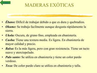 MADERAS EXÓTICAS
• Ébano: Difícil de trabajar debido a que es dura y quebradizo.
• Okume: Se trabaja facilmente aunque desgasta rápidamente la
sierra.
• Ukola: Oscura, de grano fino, empleada en ebanistería.
• Caoba: Tiene una textura media. Es ligera. En ebanistería de
mayor calidad y precio.
• Balsa: Es la más ligera, pero con gran resistencia. Tiene un tacto
suave y aterciopelado.
• Palo santo: Se utiliza en ebanistería y tiene un color pardo
verdoso.
• Teca: De color pardo claro se utiliza en ebanistería y talla.
Al índice
 