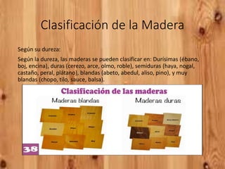 Clasificación de la Madera
Según su dureza:
Según la dureza, las maderas se pueden clasificar en: Durísimas (ébano,
boj, encina), duras (cerezo, arce, olmo, roble), semiduras (haya, nogal,
castaño, peral, plátano), blandas (abeto, abedul, aliso, pino), y muy
blandas (chopo, tilo, sauce, balsa).
 