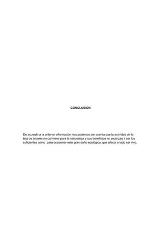 CONCLUSION
De acuerdo a la anterior información nos podemos dar cuenta que la actividad de la
tala de árboles no conviene para la naturaleza y sus beneficios no alcanzan a ser los
suficientes como para ocasionar este gran daño ecológico, que afecta a todo ser vivo.
 
