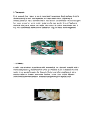 2. Transporte:
Es la segunda fase y es en la que la madera es transportada desde su lugar de corte
al aserradero y en esta fase dependen muchas cosas como la orografía y la
infraestuctura que haya. Normalmente se hace tirando con animales o maquinaria pero
hay casos en que hay un río cerca y se aprovecha para que los lleve, si hay buena
corriente de agua se sueltan los troncos con cuidado de que no se atasquen pero si
hay poca corriente se atan haciendo balsas que se guían hasta donde haga falta.
3. Aserrado:
En esta fase la madera es llevada a unos aserraderos. En los cuales se sigue más o
menos ese proceso y el aserradero lo único que hace es dividir en trozos la madera
según el uso que se le vaya a dar después. Suelen usar diferentes tipos de sierra
como por ejemplo, la sierra alternativa, de cinta, circular ó con rodillos. Algunos
aserraderos combinan varias de estas técnicas para mejorar la producción.
 