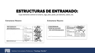 Instituto Universitario Politécnico “Santiago Mariño”
ESTRUCTURAS DE ENTRAMADO:
Estructuras Menores Estructuras Mayores
Cuyo elemento central es la barra, viga, pilar, poste, pie derecho, solera, etc.
 