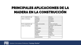 Instituto Universitario Politécnico “Santiago Mariño”
PRINCIPALES APLICACIONES DE LA
MADERA EN LA CONSTRUCCIÓN
En la carpintería de
taller se incluye:
Marcos Puertas
Ventanas Persianas
Barandas Escaleras
Zócalos Vestiduras
Pisos Etc.
En la carpintería de
armar se incluye:
Techos horizontales Techos inclinados
Vigas Columnas y pies derechos
Arcos Bóvedas
Entramados Puentes
Torres Andamios
Encofrados Graderías
Caballete Pilotes
Postes Cerchas
Muelles Tables taca
apuntalamiento Etc.
 