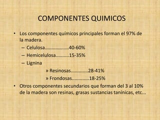 COMPONENTES QUIMICOS
• Los componentes químicos principales forman el 97% de
  la madera.
   – Celulosa..................40-60%
   – Hemicelulosa..........15-35%
   – Lignina
              » Resinosas.............28-41%
              » Frondosas.............18-25%
• Otros componentes secundarios que forman del 3 al 10%
  de la madera son resinas, grasas sustancias tanínicas, etc...
 