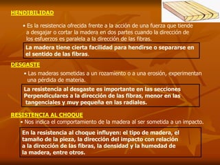 HENDIBILIDAD 
• Es la resistencia ofrecida frente a la acción de una fuerza que tiende 
a desgajar o cortar la madera en dos partes cuando la dirección de 
los esfuerzos es paralela a la dirección de las fibras. 
La madera tiene cierta facilidad para hendirse o separarse en 
el sentido de las fibras. 
DESGASTE 
• Las maderas sometidas a un rozamiento o a una erosión, experimentan 
una pérdida de materia. 
La resistencia al desgaste es importante en las secciones 
Perpendiculares a la dirección de las fibras, menor en las 
tangenciales y muy pequeña en las radiales. 
RESISTENCIA AL CHOQUE 
• Nos indica el comportamiento de la madera al ser sometida a un impacto. 
En la resistencia al choque influyen: el tipo de madera, el 
tamaño de la pieza, la dirección del impacto con relación 
a la dirección de las fibras, la densidad y la humedad de 
la madera, entre otros. 
 