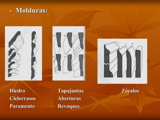  Molduras: 
Diedro Tapajuntas Zócalos 
Cielorrasos Aberturas 
Paramento Revoques 
 