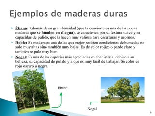  Ébano: Además de su gran densidad (que la convierte en una de las pocas
maderas que se hunden en el agua), se caracteriza por su textura suave y su
capacidad de pulido, que la hacen muy valiosa para esculturas y adornos.
 Roble: Su madera es una de las que mejor resisten condiciones de humedad no
solo muy altas sino también muy bajas. Es de color rojizo o pardo claro y
también se pule muy bien.
 Nogal: Es una de las especies más apreciadas en ebanistería, debido a su
belleza, su capacidad de pulido y a que es muy fácil de trabajar. Su color es
rojo oscuro o negro.
Ébano
Nogal
6
 