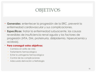 OBJETIVOS
• Generales: enlentecer la progresión de la ERC, prevenir la
enfermedad cardiovascular y sus complicaciones.
• Específicos: tratar la enfermedad subyacente, las causas
reversibles de insuficiencia renal aguda y los factores de
progresión (HTA, DM, proteinuria, dislipidemia, hiperuricemia y
acidosis).
• Para conseguir estos objetivos:
• Cambios en estilo de vida
• Tratamiento farmacológico
• Evitar la yatrogenia farmacológica
• Control de las complicaciones
• Adecuada derivación a Nefrología
18
 