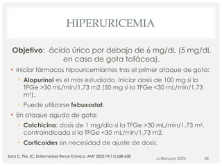 HIPERURICEMIA
Objetivo: ácido úrico por debajo de 6 mg/dL (5 mg/dL
en caso de gota tofácea).
• Iniciar fármacos hipouricemiantes tras el primer ataque de gota:
• Alopurinol es el más estudiado. Iniciar dosis de 100 mg si la
TFGe >30 mL/min/1,73 m2 (50 mg si la TFGe <30 mL/min/1,73
m2
).
• Puede utilizarse febuxostat.
• En ataque agudo de gota:
• Colchicina: dosis de 1 mg/día si la TFGe >30 mL/min/1,73 m2
,
contraindicada si la TFGe <30 mL/min/1,73 m2.
• Corticoides sin necesidad de ajuste de dosis.
JJ Blanquer 2024 28
Sanz C. Flor JC. Enfermedad Renal Crónica. AMF 2023;19(11):628-638
 