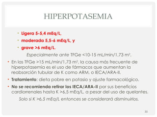 HIPERPOTASEMIA
• Ligera 5-5,4 mEq/L,
• moderada 5,5-6 mEq/L, y
• grave >6 mEq/L.
Especialmente ante TFGe <10-15 mL/min/1,73 m2
.
• En las TFGe >15 mL/min/1,73 m2
, la causa más frecuente de
hiperpotasemia es el uso de fármacos que aumentan la
reabsorción tubular de K como ARM, o IECA/ARA-II.
• Tratamiento: dieta pobre en potasio y ajuste farmacológico.
• No se recomienda retirar los IECA/ARA-II por sus beneficios
cardiorrenales hasta K >6,5 mEq/L, a pesar del uso de quelantes.
Solo si K >6,5 mEq/L entonces se considerará disminuirlos.
35
 