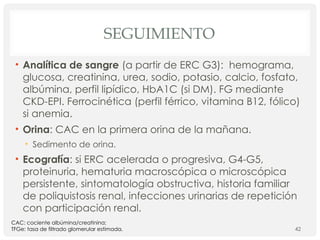 SEGUIMIENTO
• Analítica de sangre (a partir de ERC G3): hemograma,
glucosa, creatinina, urea, sodio, potasio, calcio, fosfato,
albúmina, perfil lipídico, HbA1C (si DM). FG mediante
CKD-EPI. Ferrocinética (perfil férrico, vitamina B12, fólico)
si anemia.
• Orina: CAC en la primera orina de la mañana.
• Sedimento de orina.
• Ecografía: si ERC acelerada o progresiva, G4-G5,
proteinuria, hematuria macroscópica o microscópica
persistente, sintomatología obstructiva, historia familiar
de poliquistosis renal, infecciones urinarias de repetición
con participación renal.
42
CAC: cociente albúmina/creatinina;
TFGe: tasa de filtrado glomerular estimada.
 
