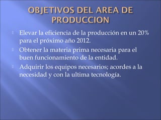  Elevar la eficiencia de la producción en un 20%
para el próximo año 2012.
 Obtener la materia prima necesaria para el
buen funcionamiento de la entidad.
 Adquirir los equipos necesarios; acordes a la
necesidad y con la ultima tecnología.
 