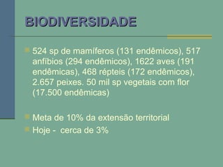 BIODIVERSIDADEBIODIVERSIDADE
 524 sp de mamíferos (131 endêmicos), 517
anfíbios (294 endêmicos), 1622 aves (191
endêmicas), 468 répteis (172 endêmicos),
2.657 peixes. 50 mil sp vegetais com flor
(17.500 endêmicas)
 Meta de 10% da extensão territorial
 Hoje - cerca de 3%
 