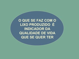 O QUE SE FAZ COM O
LIXO PRODUZIDO É
INDICADOR DA
QUALIDADE DE VIDA
QUE SE QUER TER
 
