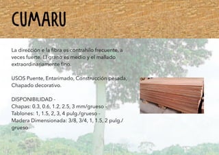 CUMARU
La dirección e la ﬁbra es contrahilo frecuente, a
veces fuerte. El grano es medio y el mallado
extraordinariamente ﬁno.
USOS Puente, Entarimado, Construcción pesada,
Chapado decorativo.
DISPONIBILIDAD -
Chapas: 0.3, 0.6, 1.2, 2.5, 3 mm/grueso -
Tablones: 1, 1.5, 2, 3, 4 pulg./grueso -
Madera Dimensionada: 3/8, 3/4, 1, 1.5, 2 pulg./
grueso
 