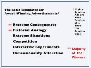 The Basic Templates for
Award-Winning Advertisements*
* Highly
Creative
Ads are
More
Predict-
able
Than
Un-
Creative
Ones.
Extreme Consequences
Extreme Situations
Competition
Interactive Experiments
Dimensionality Alteration
Pictorial Analogy
**
**
** Majority
of the
Winners
 