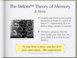 The Velcro™ Theory of Memory
                & Story
                   •   Imagine your brain as having the
                       thousands of loops of a piece of
                       Velcro™ - representing all of its
                       diverse ﬁling cabinets of memory

                   •   The theory proposes that the
                       more hooks your story has, the
                       more likely it is to stick in your
                       memory


     As you hear a story, you live it in
     your own mind... like experience.
 