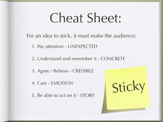 Cheat Sheet:
For an idea to stick, it must make the audience:
  1. Pay attention - UNEXPECTED

  2. Understand and remember it - CONCRETE

  3. Agree / Believe - CREDIBLE



                                      ticky
  4. Care - EMOTION

  5. Be able to act on it - STORY
                                     S
 