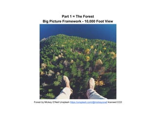 Part 1 = The Forest
Big Picture Framework​ ​- 10,000 Foot View
Forest by Mickey O’Neil Unsplash ​https://unsplash.com/@mic...