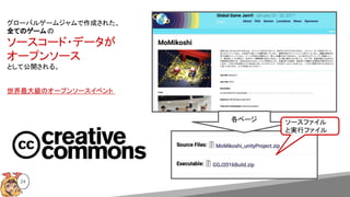 24
グローバルゲームジャムで作成された、
全てのゲームの
ソースコード・データが
オープンソース
として公開される。
世界最大級のオープンソースイベント
各ページ ソースファイル
と実行ファイル
 