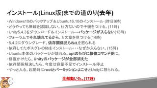 インストール(Linux版)までの道のり(去年)
・Windows10のバックアップ＆Ubuntu16.10のインストール (昨日9時)
・どうやっても無線を認識しない。仕方ないので子機をつける。(11時)
・Unity5.4.3をダウンロード＆インストール→パッケージが入らない(13時)
・フォーラムでそれ壊れてるから、と文章を見つける(14時)
・5.4.2にダウングレード、依存関係足らねぇを怒られる
・依存してたポスグレのlibをインストール・・・なぜか入らない。(15時)
・Ubuntu本体のパッケージが壊れる。aptのたびに修復コマンド要に。
・修復かけたら、Unityのパッケージが全部消えた
・依存関係解決したら、今度は容量不足でインストール停止
・やっと入る。起動時にrootとパーミッションよこせとUnityに怒られる。
全部動いた。(17時)
41
 