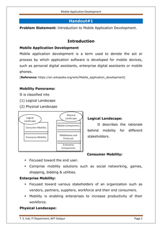 Mobile Application Development
T. S. Indi, IT Department, WIT Solapur Page 1
Handout#1
Problem Statement: Introduction to Mobile Application Development.
Introduction
Mobile Application Development
Mobile application development is a term used to denote the act or
process by which application software is developed for mobile devices,
such as personal digital assistants, enterprise digital assistants or mobile
phones.
[Reference: https://en.wikipedia.org/wiki/Mobile_application_development]
Mobility Panorama:
It is classified into
(1) Logical Landscape
(2) Physical Landscape
Logical Landscape:
It describes the rationale
behind mobility for different
stakeholders.
Consumer Mobility:
 Focused toward the end user.
 Comprise mobility solutions such as social networking, games,
shopping, bidding & utilities.
Enterprise Mobility:
 Focused toward various stakeholders of an organization such as
vendors, partners, suppliers, workforce and their end consumers.
 Mobility is enabling enterprises to increase productivity of their
workforce.
Physical Landscape:
 
