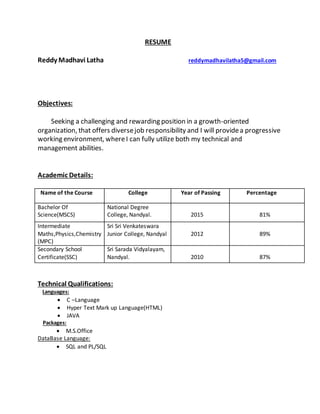 RESUME
Reddy Madhavi Latha reddymadhavilatha5@gmail.com
Objectives:
Seeking a challenging and rewarding position in a growth-oriented
organization, that offers diversejob responsibility and I will providea progressive
working environment, whereI can fully utilize both my technical and
management abilities.
Academic Details:
Name of the Course College Year of Passing Percentage
Bachelor Of
Science(MSCS)
National Degree
College, Nandyal. 2015 81%
Intermediate
Maths,Physics,Chemistry
(MPC)
Sri Sri Venkateswara
Junior College, Nandyal 2012 89%
Secondary School
Certificate(SSC)
Sri Sarada Vidyalayam,
Nandyal. 2010 87%
Technical Qualifications:
Languages:
 C –Language
 Hyper Text Mark up Language(HTML)
 JAVA
Packages:
 M.S.Office
DataBase Language:
 SQL and PL/SQL
 