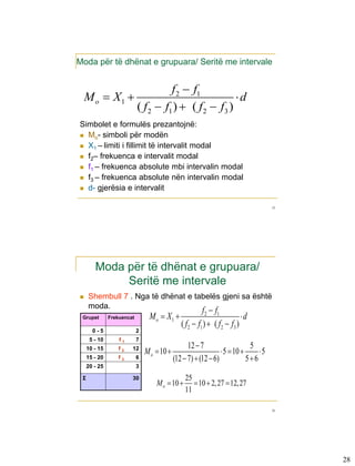 Moda për të dhënat e grupuara/ Seritë me intervale


                                      f 2  f1
    M o  X1                                           d
                            ( f 2  f1 )  ( f 2  f3 )
Simbolet e formulës prezantojnë:
 Mo- simboli për modën

 X1 – limiti i fillimit të intervalit modal

 f2– frekuenca e intervalit modal

 f1 – frekuenca absolute mbi intervalin modal

 f3 – frekuenca absolute nën intervalin modal

 d- gjerësia e intervalit


                                                                                     55




        Moda për të dhënat e grupuara/
             Seritë me intervale
    Shembull 7 . Nga të dhënat e tabelës gjeni sa është
     moda.
                                                         f2  f1
 Grupet        Frekuencat        M o  X1                                d
                                                ( f2  f1 )  ( f2  f3 )
       0-5                  2
      5 - 10       f1       7
                                                   12  7                    5
     10 - 15       f2   12
                                M o  10                         5  10      5
     15 - 20       f3       6                (12  7)  (12  6)            56
     20 - 25                3

 Σ                      30                       25
                                    M o  10        10  2,27  12,27
                                                 11

                                                                                     56




                                                                                          28
 