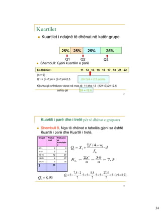 Kuartilet
         Kuartilet i ndajnë të dhënat në katër grupe


                          25% 25%                  25%              25%

                       Q1          Q2                            Q3
       Shembull: Gjeni kuartilin e parë
Të dhënat :                                  11 12 13 16 16 17 18 21 22
(n = 9)
Q1 = (n+1)/4 = (9+1)/4=2,5                   (9+1)/4 = 2.5 pozita

Kështu që shfrtëzon vlerat në mes të 11 dhe 13 (12+13)/2=12.5
                      ashtu që              Q1 = 12.5
                                                                                   67




        Kuartili i parë dhe i tretë për të dhënat e grupuara

       Shembull 8. Nga të dhënat e tabelës gjeni sa është
        Kuartili i parë dhe Kuartili i tretë.
    Grupet   Frekue   Frekuenc
             ncat     at
                      kumulativ
                      e                           f / 4  w1
    0-5           2           2   Q1  X 1                   d
    5-10          7           9                        f q1
    10-15        12         21
                                               f   30
                                  Rq1                 7, 5
    15-20         6         27
    20-25         3         30                  4    4
    Σ            30



                                       7,5  2         5,5       27,5
                            Q1  5            5  5  5  5        5  3,9  8,93
 Q1  8,93                               7              7         7

                                                                                   68




                                                                                         34
 