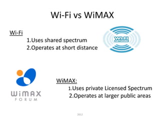 Wi-Fi vs WiMAX
Wi-Fi
1.Uses shared spectrum
2.Operates at short distance
WiMAX:
1.Uses private Licensed Spectrum
2.Operates at larger public areas
2012
 