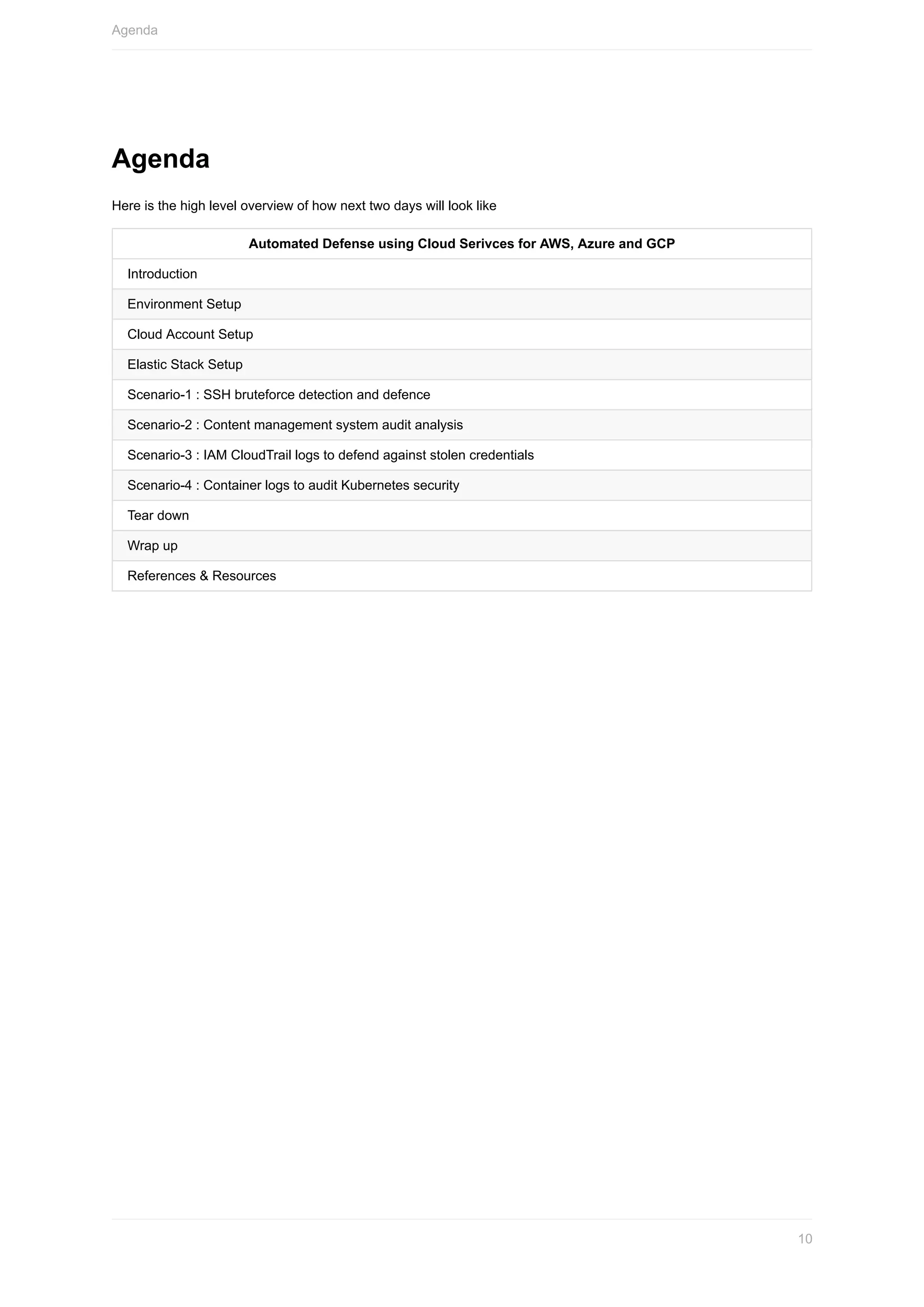 Agenda
Here	is	the	high	level	overview	of	how	next	two	days	will	look	like
Automated	Defense	using	Cloud	Serivces	for	AWS,	Azure	and	GCP
Introduction
Environment	Setup
Cloud	Account	Setup
Elastic	Stack	Setup
Scenario-1	:	SSH	bruteforce	detection	and	defence
Scenario-2	:	Content	management	system	audit	analysis
Scenario-3	:	IAM	CloudTrail	logs	to	defend	against	stolen	credentials
Scenario-4	:	Container	logs	to	audit	Kubernetes	security
Tear	down
Wrap	up
References	&	Resources
Agenda
10
 
