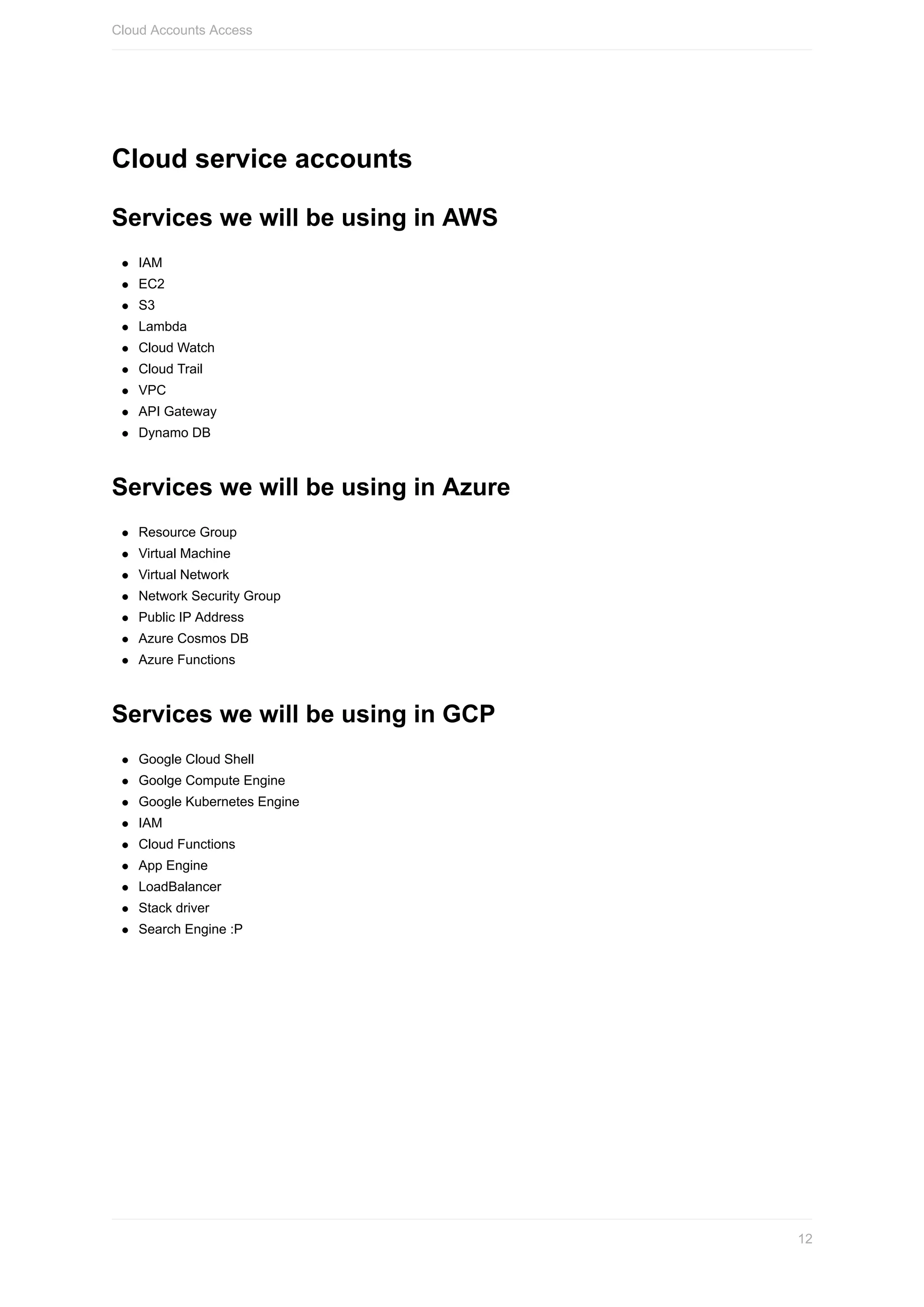 Cloud	service	accounts
Services	we	will	be	using	in	AWS
IAM
EC2
S3
Lambda
Cloud	Watch
Cloud	Trail
VPC
API	Gateway
Dynamo	DB
Services	we	will	be	using	in	Azure
Resource	Group
Virtual	Machine
Virtual	Network
Network	Security	Group
Public	IP	Address
Azure	Cosmos	DB
Azure	Functions
Services	we	will	be	using	in	GCP
Google	Cloud	Shell
Goolge	Compute	Engine
Google	Kubernetes	Engine
IAM
Cloud	Functions
App	Engine
LoadBalancer
Stack	driver
Search	Engine	:P
Cloud	Accounts	Access
12
 