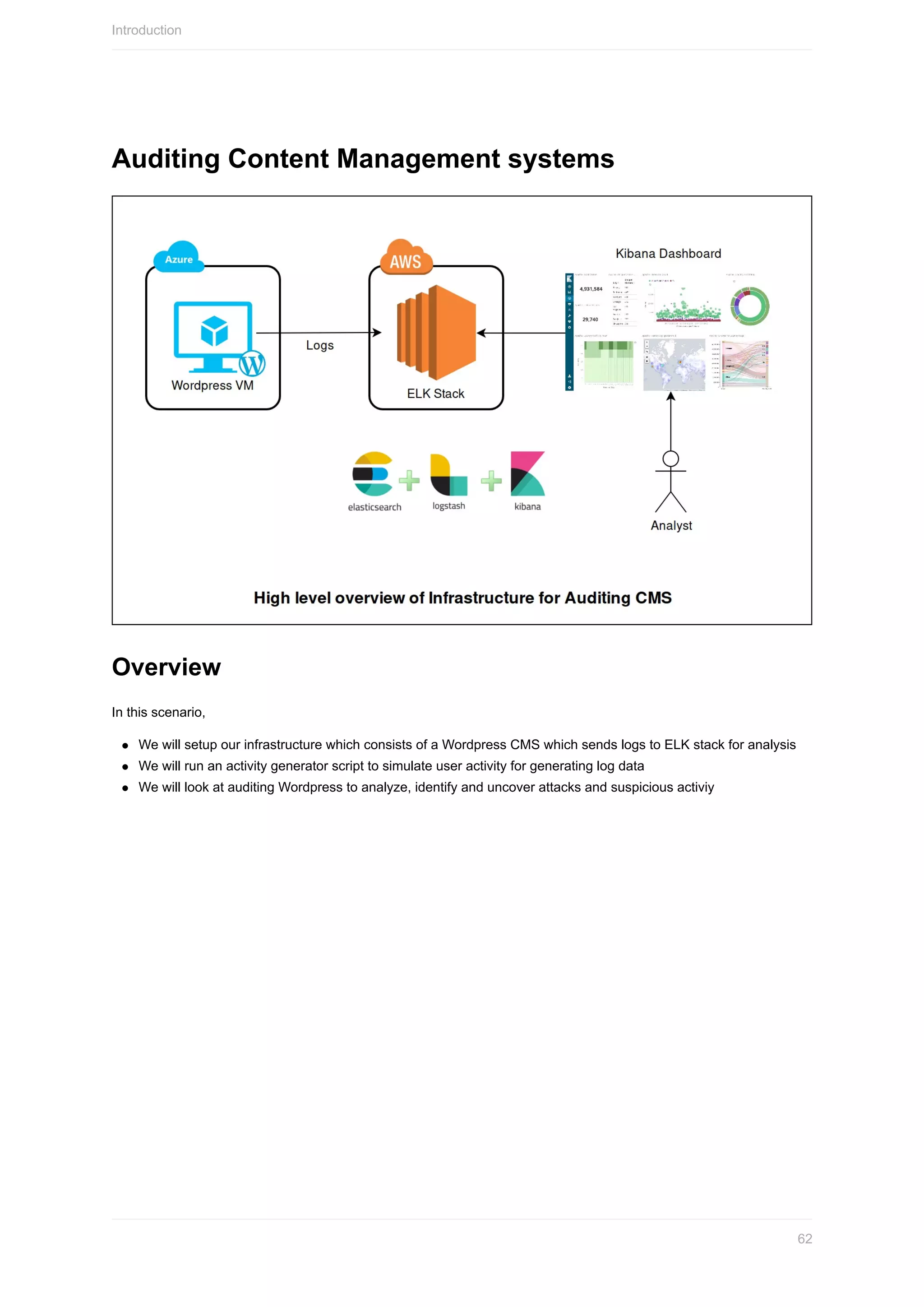 Auditing	Content	Management	systems
Overview
In	this	scenario,
We	will	setup	our	infrastructure	which	consists	of	a	Wordpress	CMS	which	sends	logs	to	ELK	stack	for	analysis
We	will	run	an	activity	generator	script	to	simulate	user	activity	for	generating	log	data
We	will	look	at	auditing	Wordpress	to	analyze,	identify	and	uncover	attacks	and	suspicious	activiy
Introduction
62
 