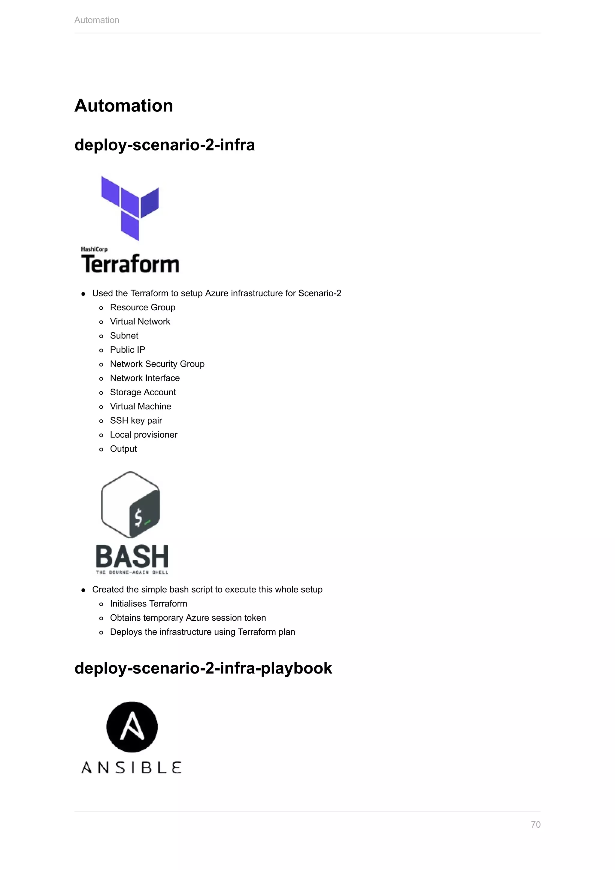 Automation
deploy-scenario-2-infra
Used	the	Terraform	to	setup	Azure	infrastructure	for	Scenario-2
Resource	Group
Virtual	Network
Subnet
Public	IP
Network	Security	Group
Network	Interface
Storage	Account
Virtual	Machine
SSH	key	pair
Local	provisioner
Output
Created	the	simple	bash	script	to	execute	this	whole	setup
Initialises	Terraform
Obtains	temporary	Azure	session	token
Deploys	the	infrastructure	using	Terraform	plan
deploy-scenario-2-infra-playbook
Automation
70
 