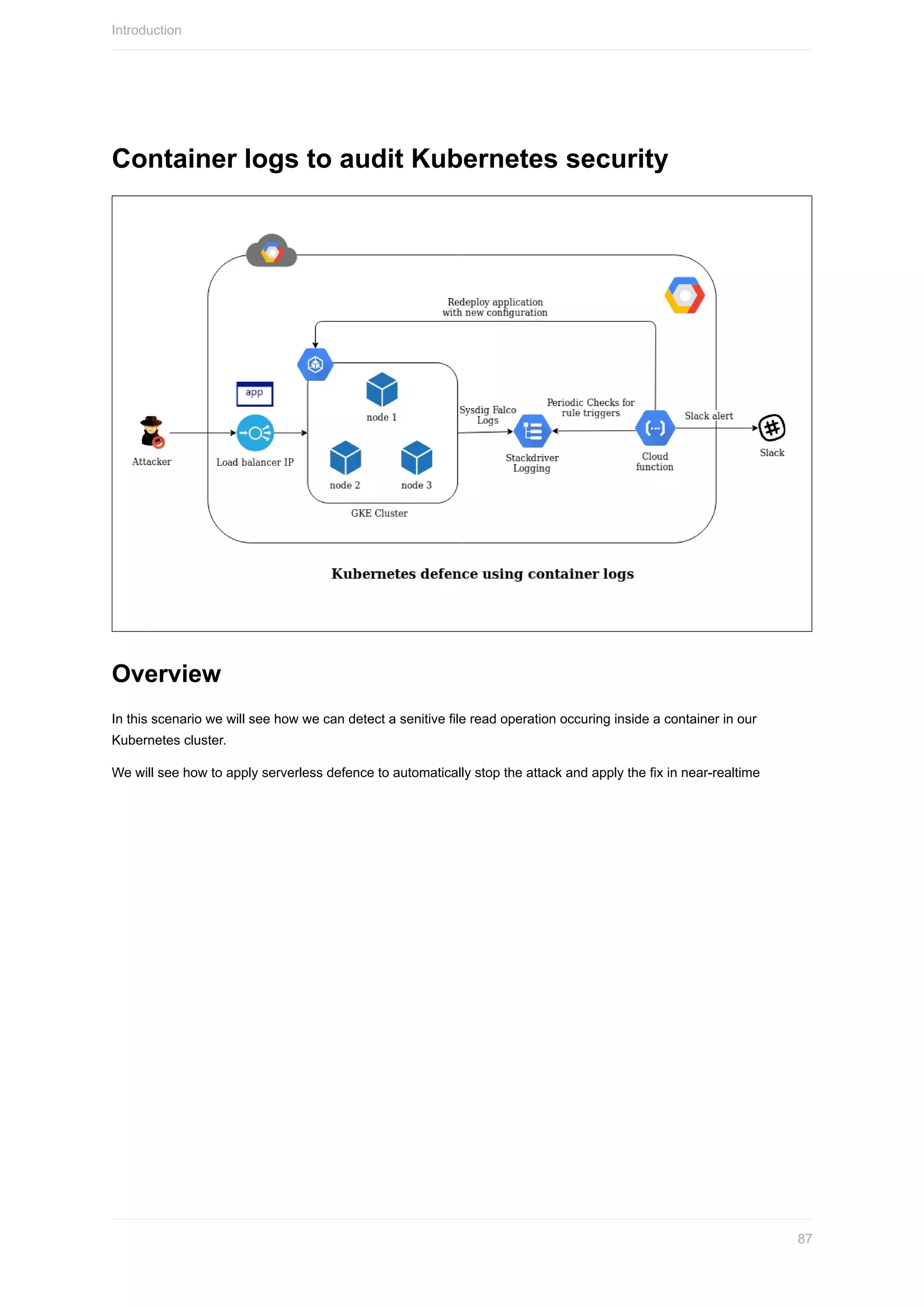 Container	logs	to	audit	Kubernetes	security
Overview
In	this	scenario	we	will	see	how	we	can	detect	a	senitive	file	read	operation	occuring	inside	a	container	in	our
Kubernetes	cluster.
We	will	see	how	to	apply	serverless	defence	to	automatically	stop	the	attack	and	apply	the	fix	in	near-realtime
Introduction
87
 