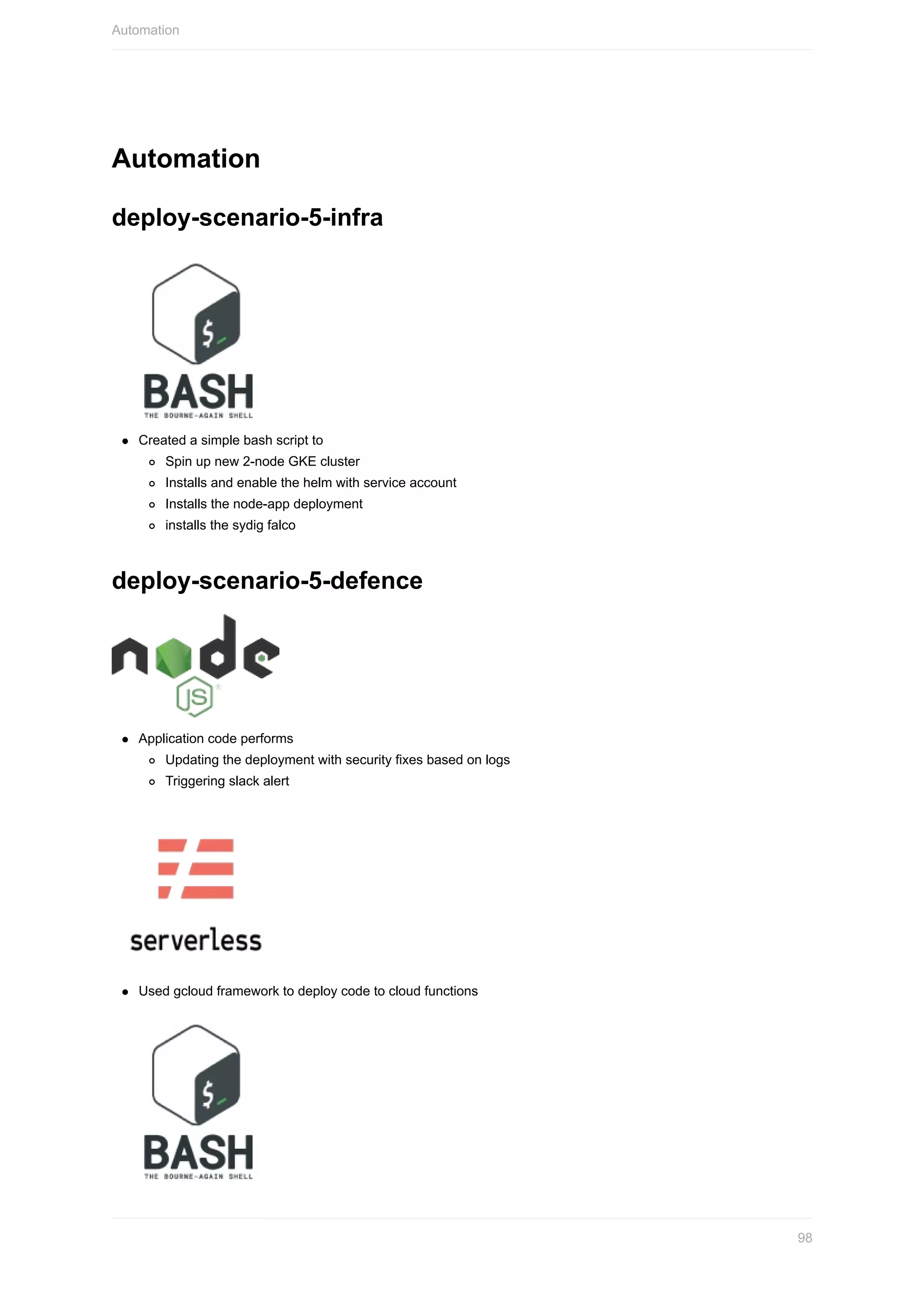 Automation
deploy-scenario-5-infra
Created	a	simple	bash	script	to
Spin	up	new	2-node	GKE	cluster
Installs	and	enable	the	helm	with	service	account
Installs	the	node-app	deployment
installs	the	sydig	falco
deploy-scenario-5-defence
Application	code	performs
Updating	the	deployment	with	security	fixes	based	on	logs
Triggering	slack	alert
Used	gcloud	framework	to	deploy	code	to	cloud	functions
Automation
98
 